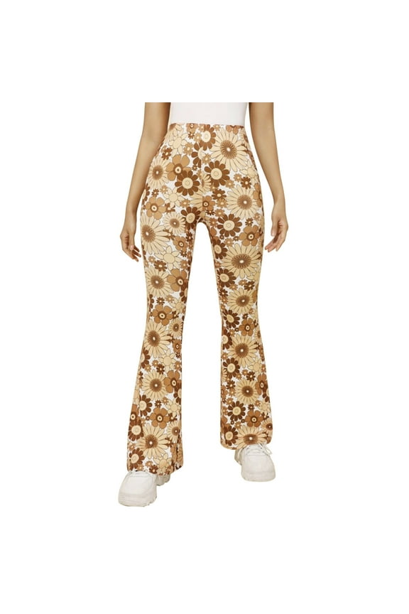 Women's Floral Print Flare Pants High Waist Retro Design Trousers Groovy 70s Style Casual Bottoms