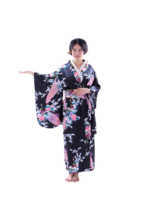 Women's Floral Print Kimono Robe Wide Sleeve Traditional Japanese Maxi Dress Cultural Themed Party