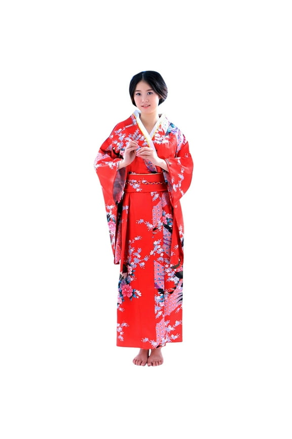 Women's Floral Print Kimono Robe Wide Sleeve Traditional Japanese Maxi Dress Cultural Themed Party