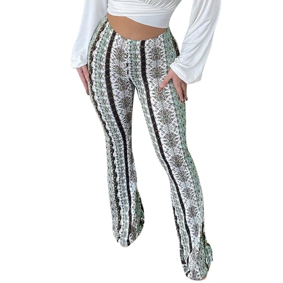 XIAOCHA Women's Floral Print Pants Flare Full Length High Waist Bell Bottoms Stretchy Boho Vacation Trousers