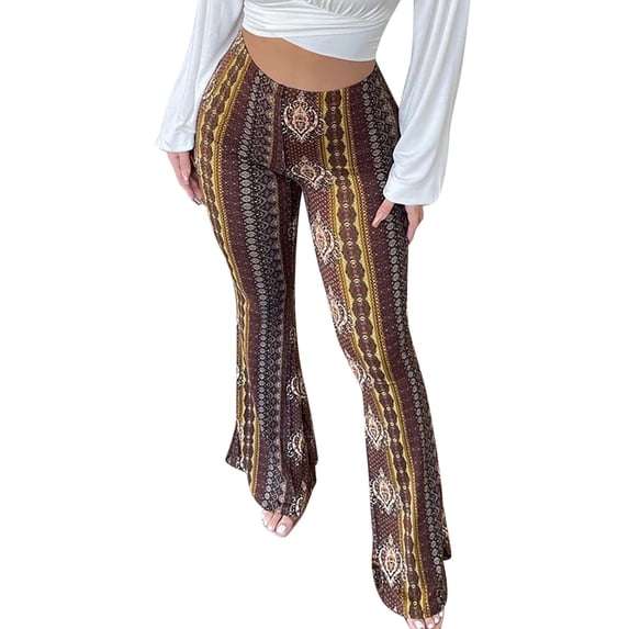 XIAOCHA Women's Floral Print Pants Flare Full Length High Waist Bell Bottoms Stretchy Boho Vacation Trousers
