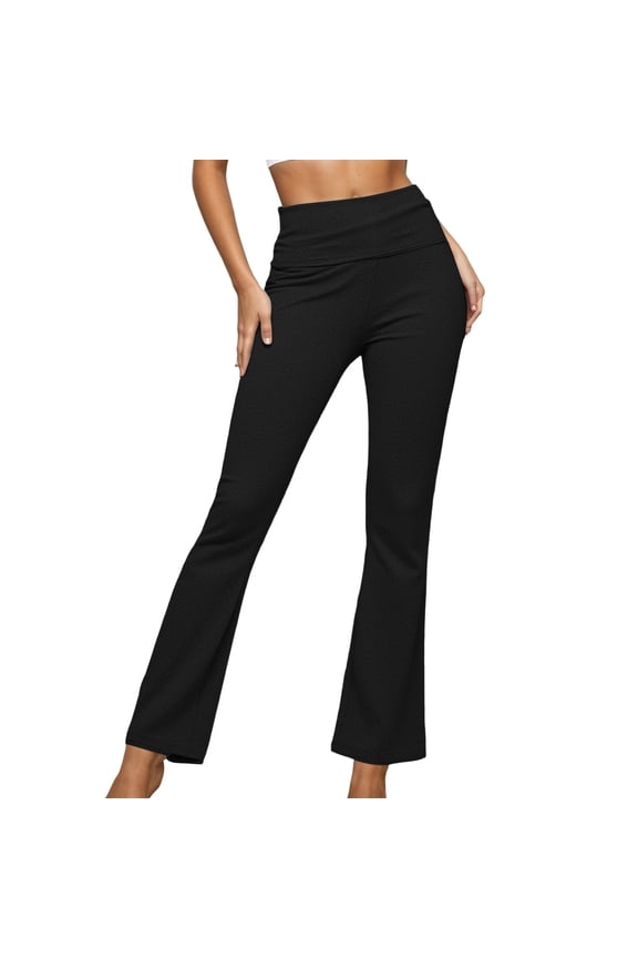 Women's Fold Over Waist Flare Pants Flared Fit Full Length Elastic Waist Bootcuts Soft Chic Yoga Pants