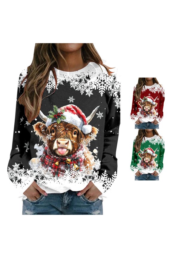 Women's Full Wrap Christmas Graphic Crew Neck Sweatshirt Snowflake Motif Long Sleeve Winter Holiday Pullover Top