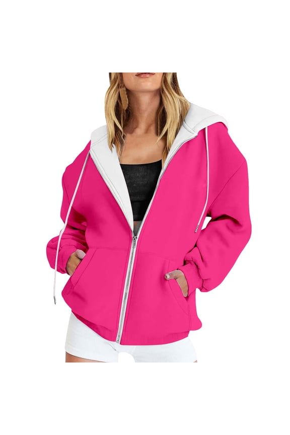Women's Full Zip Casual Hoodie Oversized Fit Contrast Hood Kangaroo Pocket Jacket Cozy Trendy Streetwear Daily Wear Sweatshirt