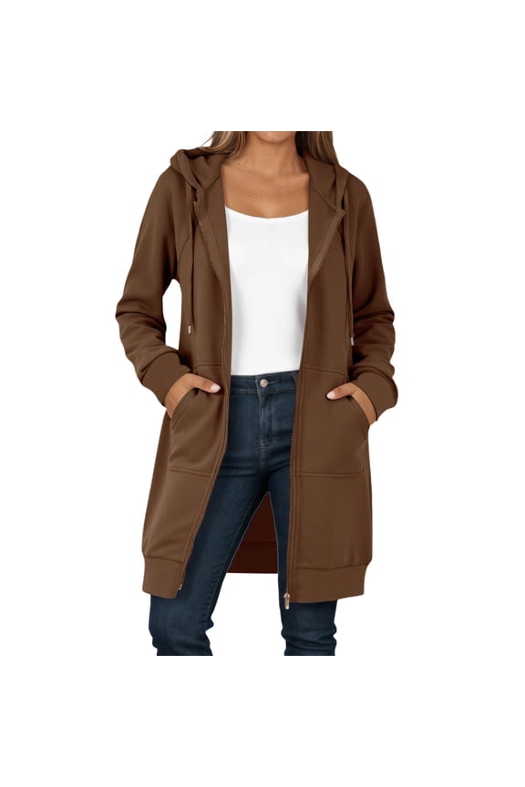 Women's Full Zip Hooded Long Cardigans Relaxed Fit Dual Pocket Duster Coat Soft Casual Everyday Outerwear