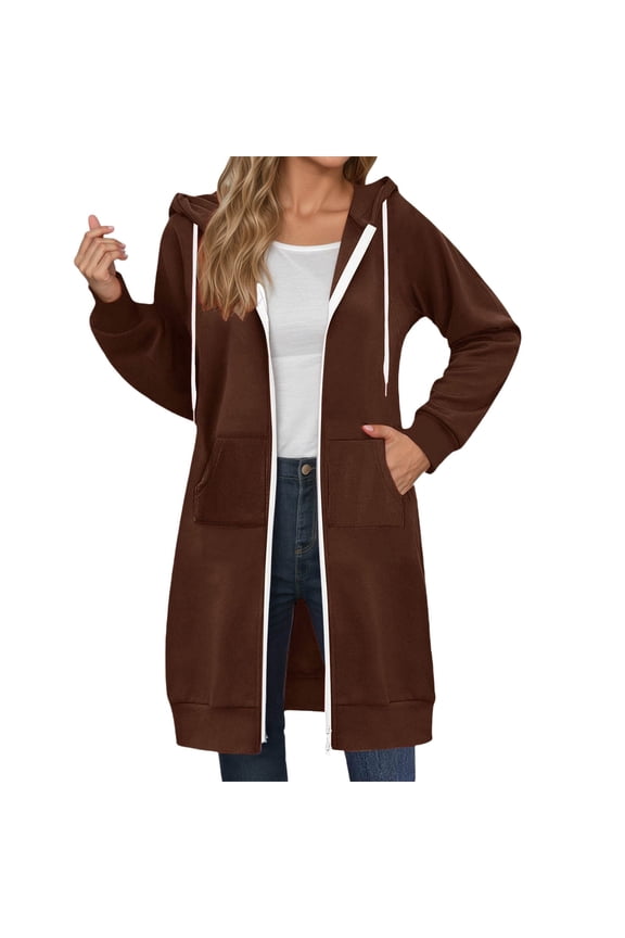Women's Full Zip Hooded Long Cardigans Relaxed Fit Dual Pocket Duster Coat Soft Casual Everyday Outerwear