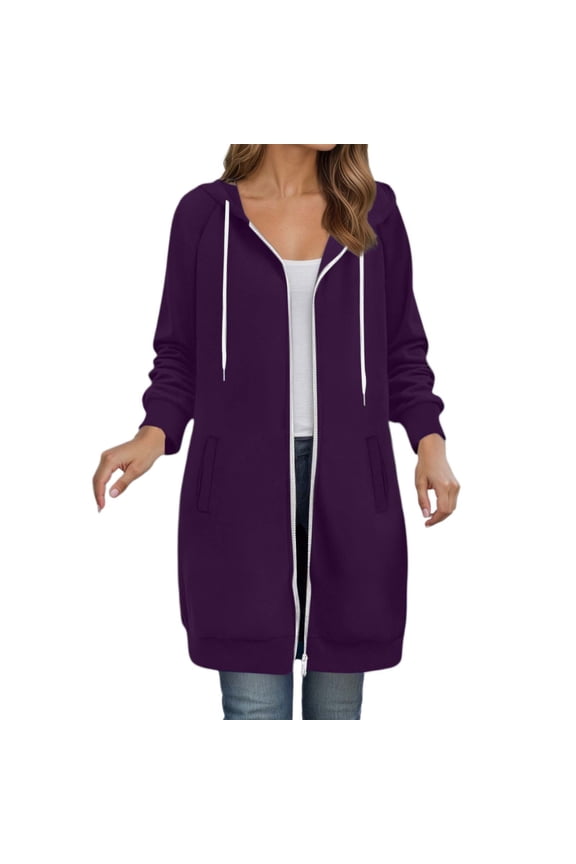 Women's Full Zip Hooded Long Cardigans Relaxed Fit Dual Pocket Duster Coat Soft Casual Everyday Outerwear