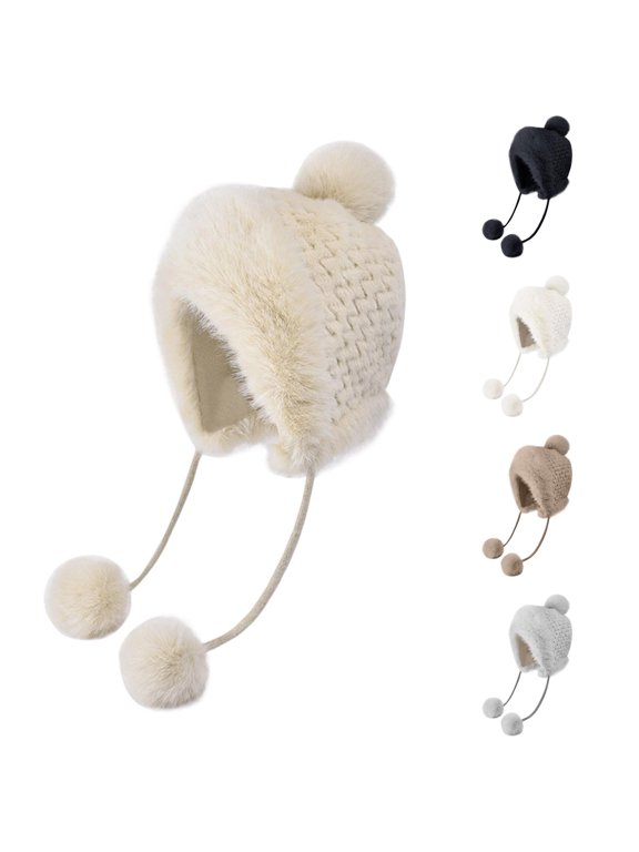 Women's Furry Pom‑Pom Trapper Beanie Solid Outdoor Ski Ear‑Flap Headwear Fall Winter Toque,Beige
