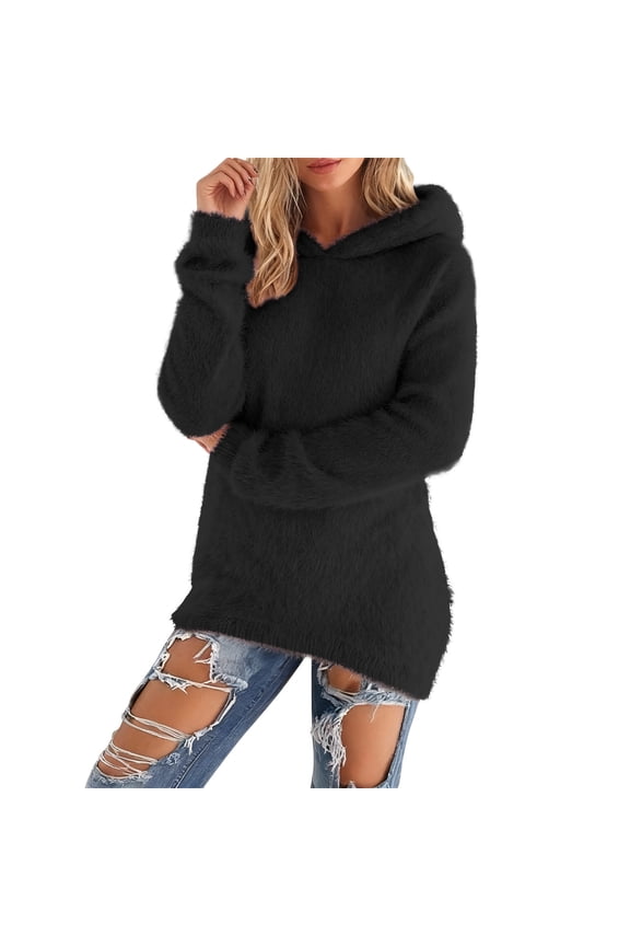 Women's Fuzzy Casual Hooded Sweater Oversized Fit Soft Knit Pullover Cozy Trendy Loungewear Daily Wear Top
