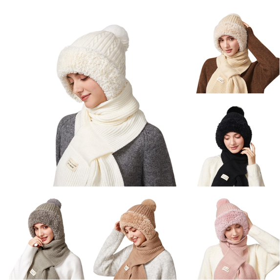 XIAOCHA Women's Fuzzy‑ Ear‑Flap Beanie Solid Outdoor Walking Scarf Fall Winter Neckwear,White