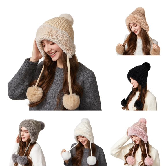 XIAOCHA Women's Fuzzy‑Lined Ear‑Flap Beanie Solid Outdoor Commute Head Wrap Fall Winter Headwear,Beige