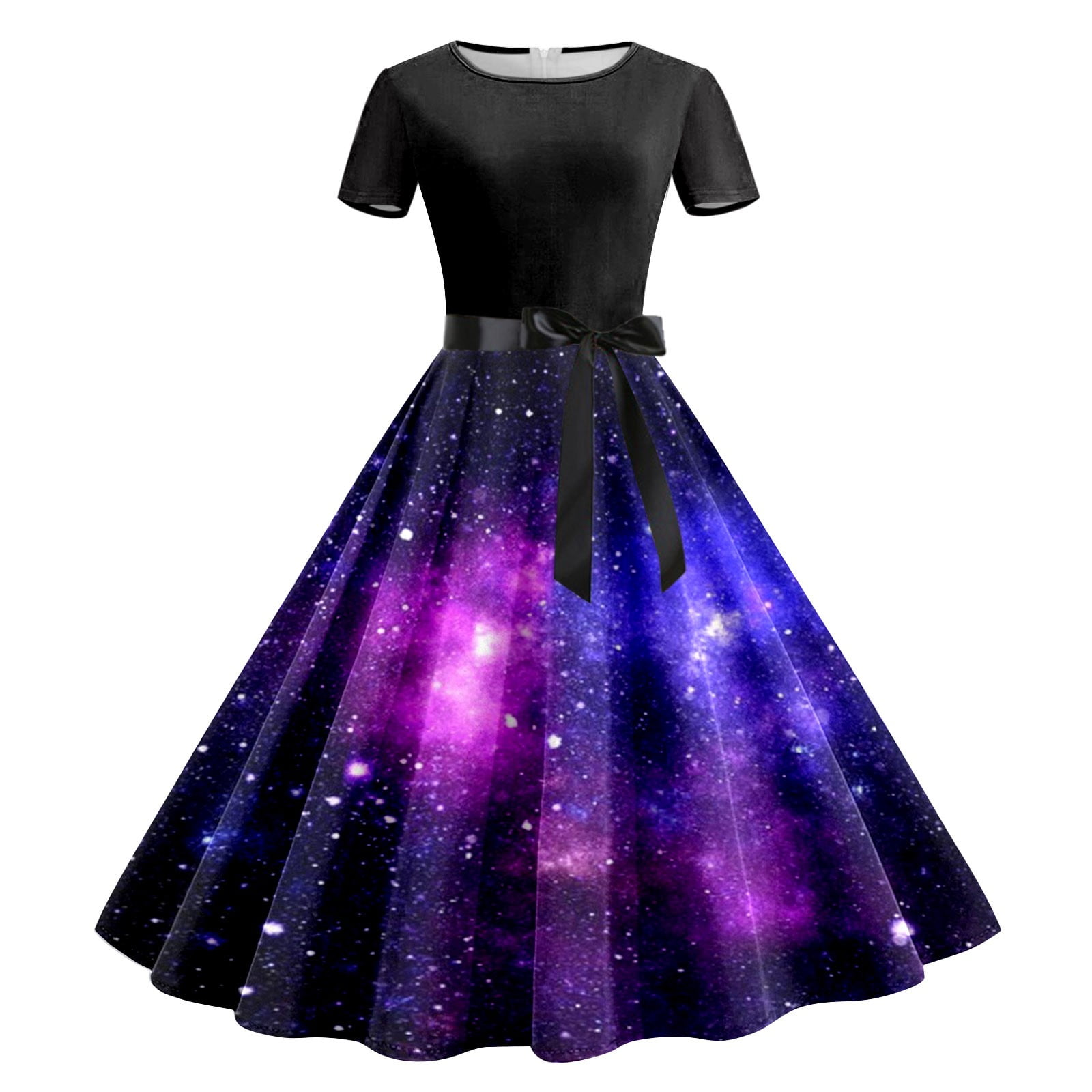 XIAOCHA Women's Galaxy Print Swing Dress Short Sleeve Round Neck Tie Waist Midi Dress Retro 1950s Style Party Dress
