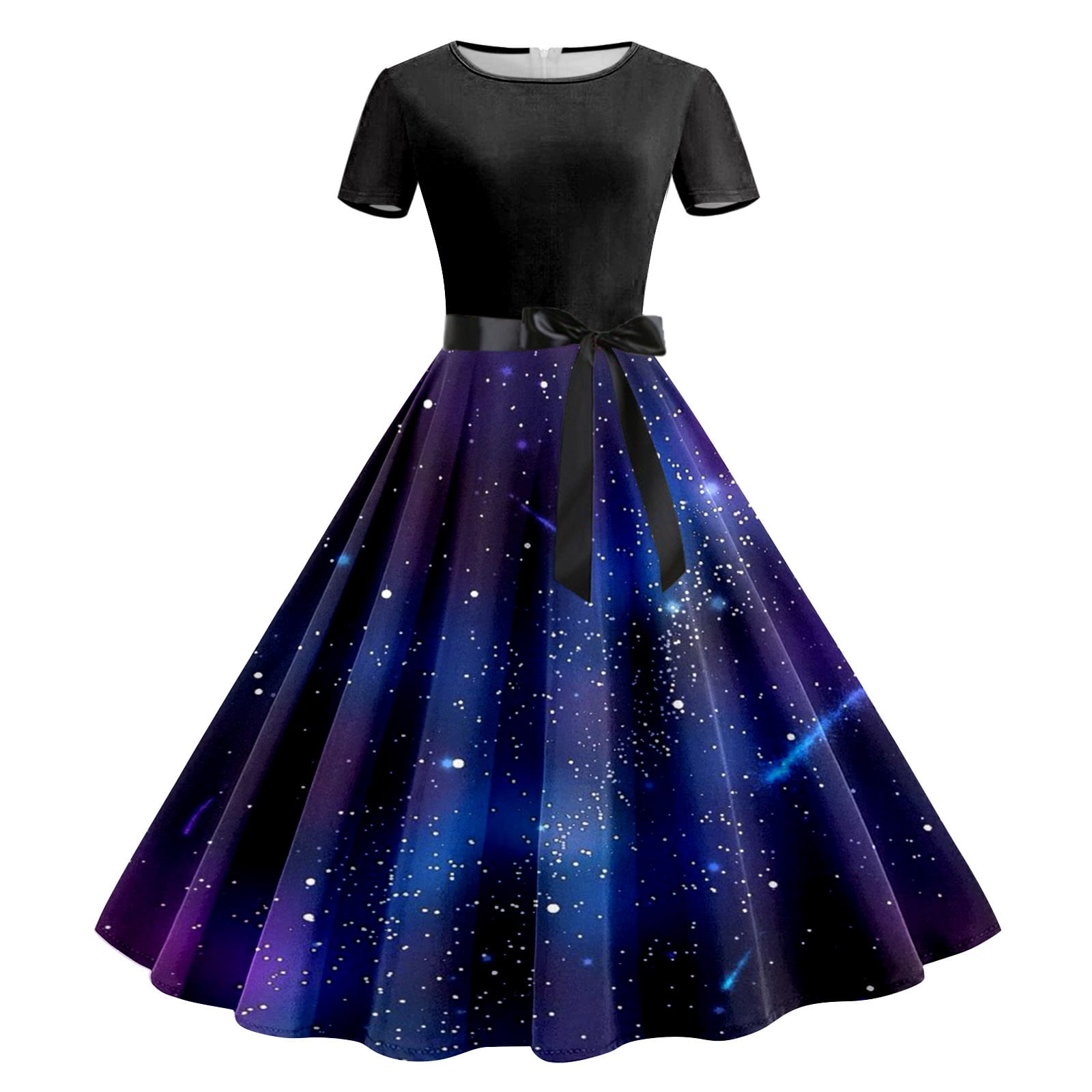 XIAOCHA Women's Galaxy Print Swing Dress Short Sleeve Round Neck Tie Waist Midi Dress Retro 1950s Style Party Dress