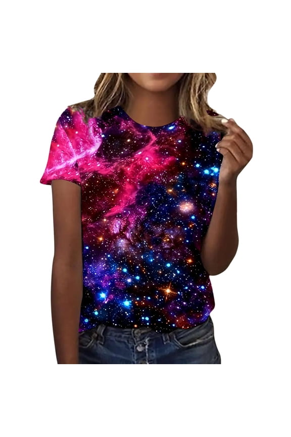 Women's Galaxy Print Tee Crew Neck Short Sleeve Blouse Soft Cosmic Casual Top