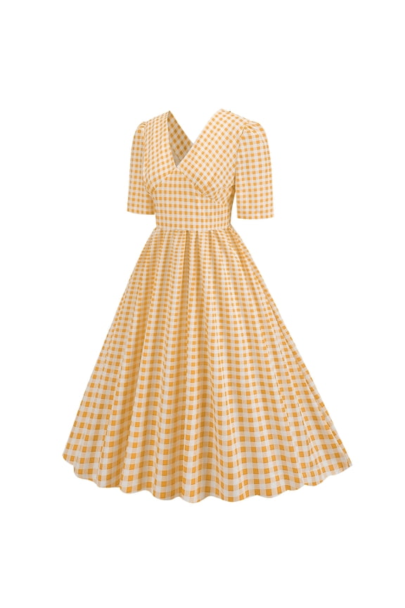 Women's Gingham Flared Midi Dress Fitted Plaid Elbow Sleeve V Neck Gown Structured Retro Daily Dresses
