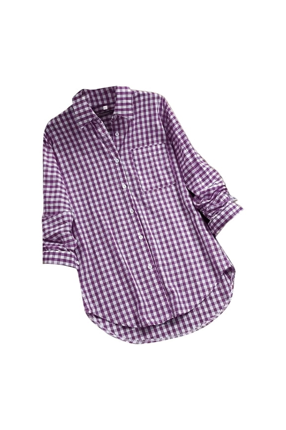 Women's Gingham Oversized Shirt Collared Roll-Up Sleeve Button Up Checkered Blouse Casual Everyday Layering Top