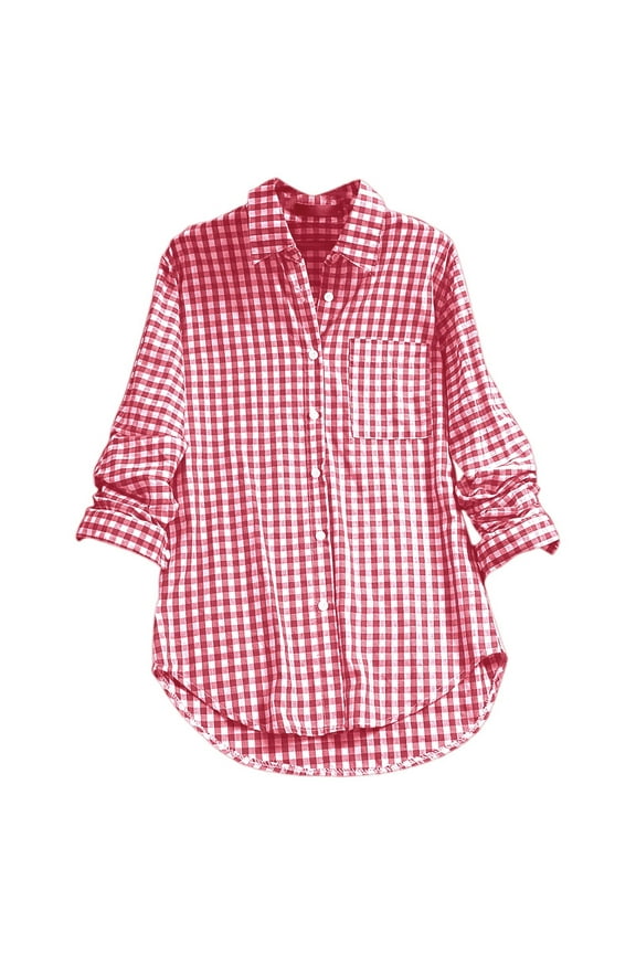 Women's Gingham Print Blouse Collared Button Front Curved Hem Tunic Oversized Relaxed Casual Daily Top