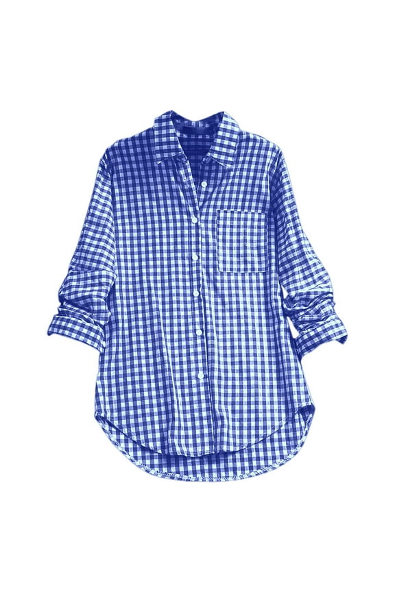 Women's Gingham Print Blouse Collared Button Front Curved Hem Tunic Oversized Relaxed Casual Daily Top