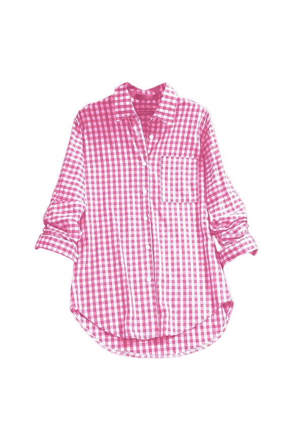 Women's Gingham Print Blouse Collared Button Front Curved Hem Tunic Oversized Relaxed Casual Daily Top
