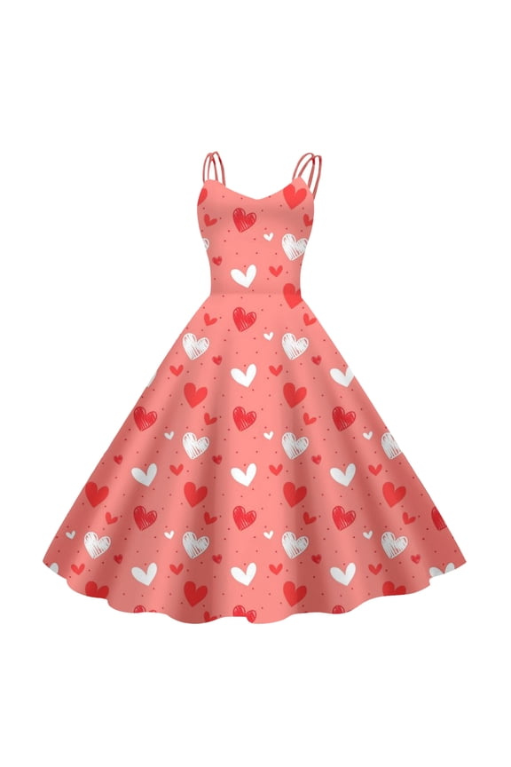 Women's Glitter Heart Swing Dress Spaghetti Strap V Neck Fit And Flare Midi Dress Romantic Party Cocktail Date Night Dress
