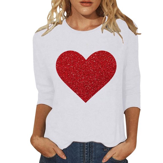 XIAOCHA Women's Glitter Heart T Shirt Three Quarter Sleeve Graphic Tee Casual Daily Wear Top