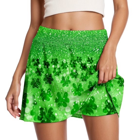 XIAOCHA Women's Glitter Shamrock Print Skort High Waist Stretchy Flared Active Skirt Sparkly St. Patrick's Day Party Bottoms