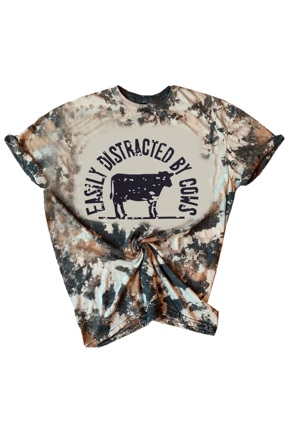 Women's Graphic T Shirt Rolled Sleeve Cow Print Tie Dye Tee Soft Casual Farm Top