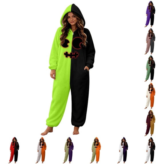 XIAOCHA Women's Halloween Print Onesie Hooded Zip Pocket Sleep Jumpsuit