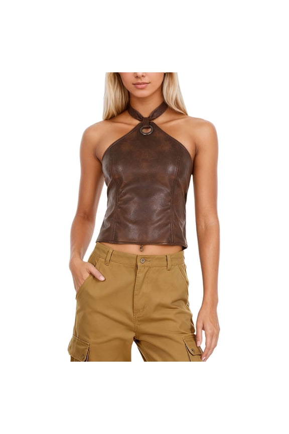 Women's Halter Crop Top Ring Detail Leather Tank Slim Fit Edgy Night Out Camisole