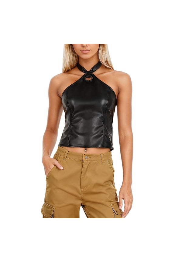 Women's Halter Crop Top Ring Detail Leather Tank Slim Fit Edgy Night Out Camisole