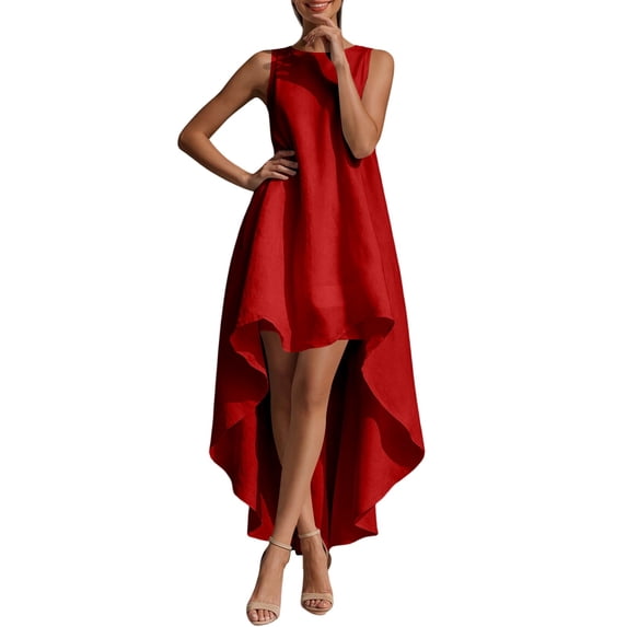 XIAOCHA Women's High-Low Hem Sleeveless Dress Crew Neck Summer Wedding Long Gown