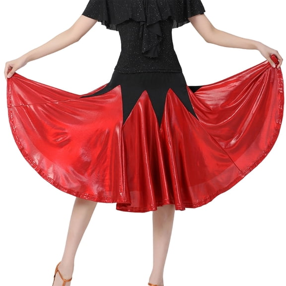 XIAOCHA Women's High Waist Flared Dance Skirt Shiny Faux Leather A Line Ballroom Latin Skirt