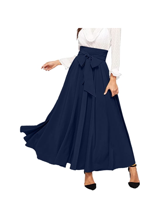 Women's High-Waisted Bow-Tie Flared Skirt Elegant Flowy Formal Office Maxi Skirt