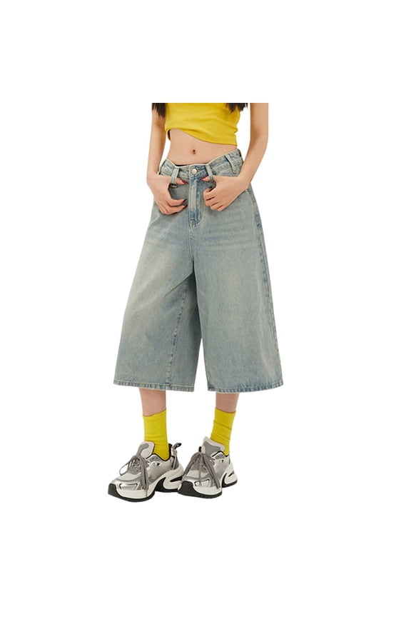 Women's High Waisted Denim Culottes Casual Wide Leg Cropped Jeans with Pockets,Blue