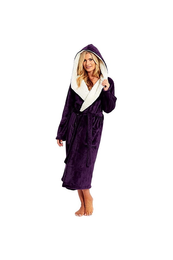 Women's Hooded Bathrobe Faux Fur Lined Plush Loungewear Robe With Belt For Cozy Home Sleepwear