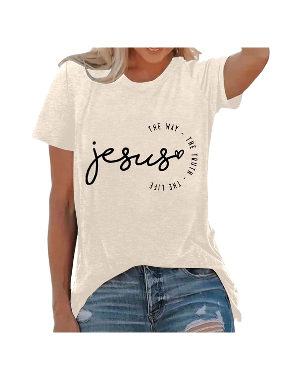 Women's Jesus Graphic Tee Short Sleeve Crew Neck Top Soft Casual Faith Blouse