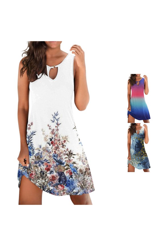 Women's Keyhole Tank Mini Dress Abstract Bird Print Outdoor Short Sundress