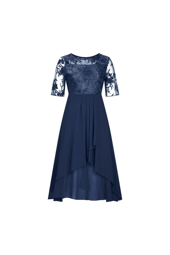 Women's Lace Chiffon Dress 3/4 Sleeve Mesh Overlay High Low Dress Elegant Formal Wedding Guest Dress
