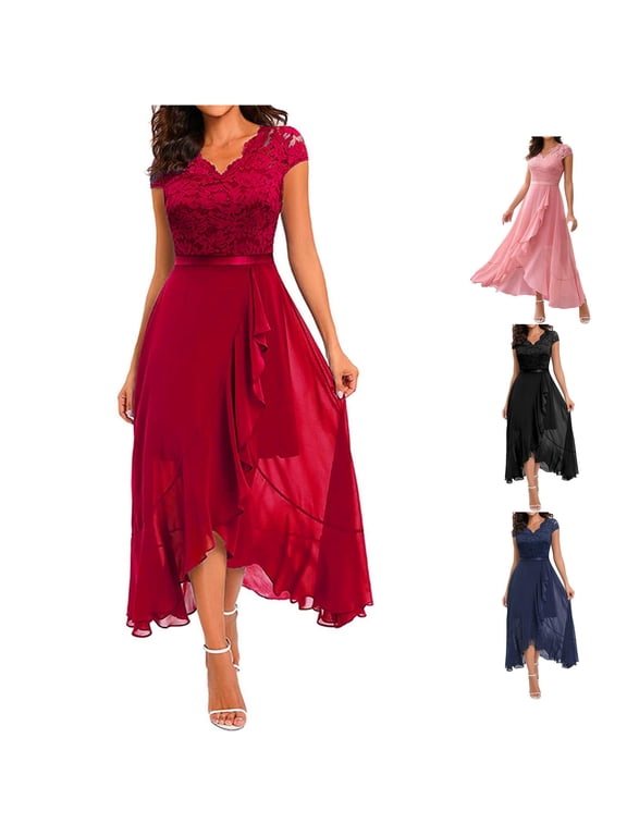 Women's Lace Overlay Asymmetrical Midi Dress Short Sleeve Ruffle Semi Formal Long Gown