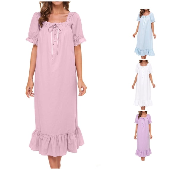 XIAOCHA Women's Lace Nightgown Square Neck Short Sleeve Ruffle Hem Sleep Dress