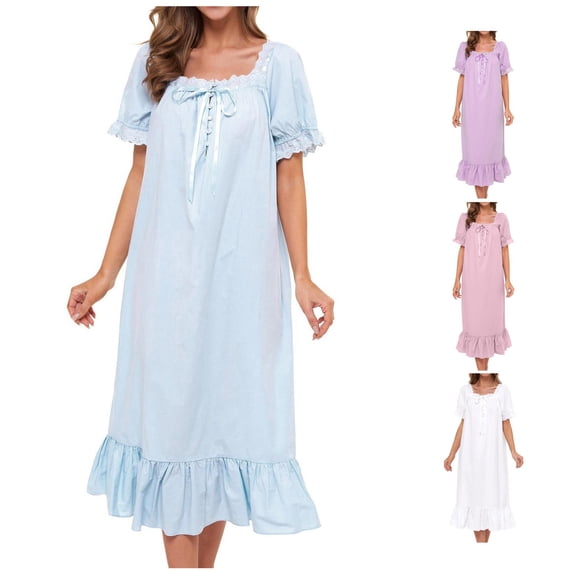 XIAOCHA Women's Lace Nightgown Square Neck Short Sleeve Ruffle Hem Sleep Dress