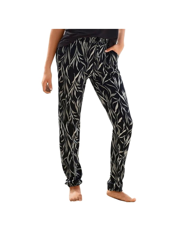 Women's Leaf Printed Lounge Pants Drawstring Waist Side Pockets Sleep Trousers