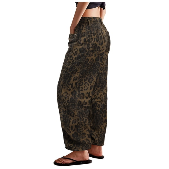XIAOCHA Women's Leopard Print Jeans Baggy Cropped High Waist Denim Pants Soft Edgy Streetwear Jeans