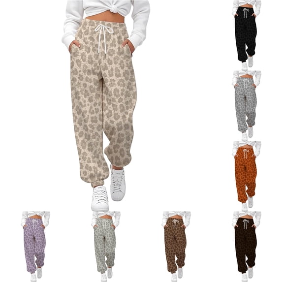 XIAOCHA Women's Leopard Print Jogger Pants Elastic Ankle Side Pockets Loose Fit Sweatpants
