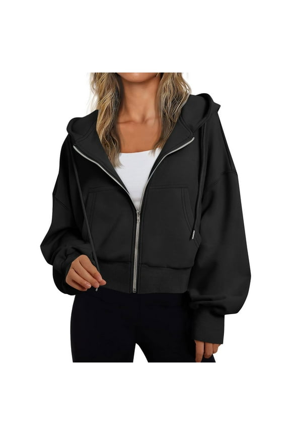 Women's Lightweight Zip-Up Hoodie Loose Drawstring Cropped Hooded Top Stretch Casual Gym Hoodies