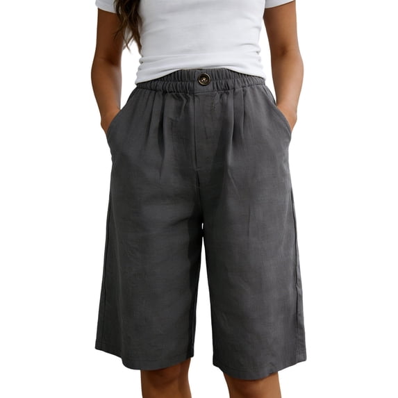 XIAOCHA Women's Linen Bermuda Shorts Solid Pleated Front Shorts Everyday Pocket Knee Bottoms