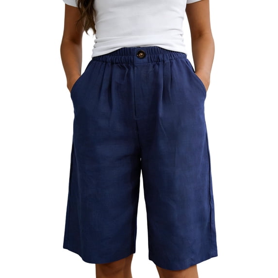 XIAOCHA Women's Linen Bermuda Shorts Solid Pleated Front Shorts Everyday Pocket Knee Bottoms
