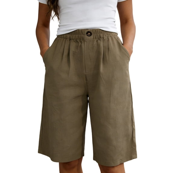 XIAOCHA Women's Linen Bermuda Shorts Solid Pleated Front Shorts Everyday Pocket Knee Bottoms