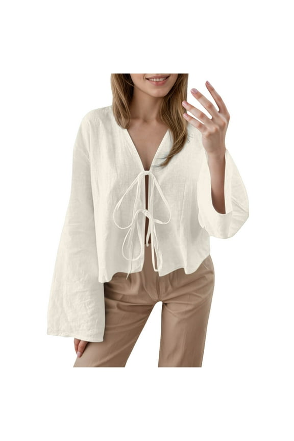 Women's Linen Crop Tops Long Sleeve V Neck Tie Front Pullover Top Lightweight Casual Beach Vacation Tops