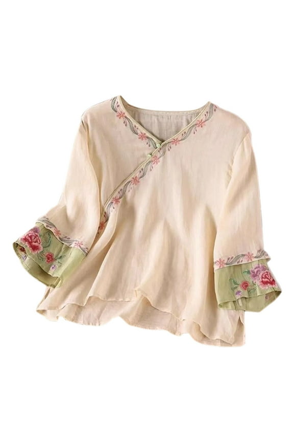 Women's Linen Embroidered Blouse Asymmetrical V Neck 3/4 Bell Sleeve Loose Top Vintage Chinese Style Casual Everyday Shirt